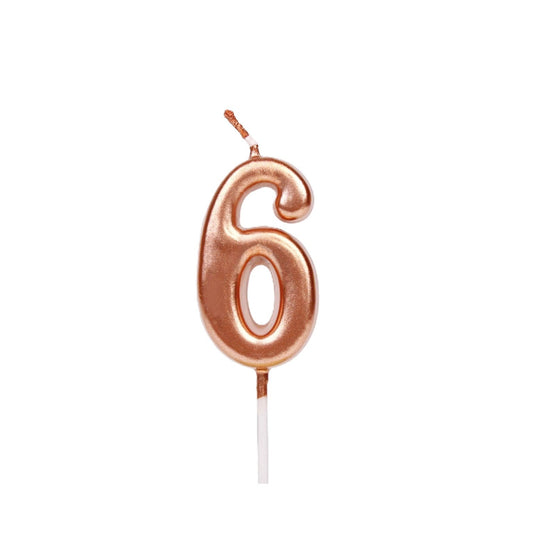 Lumânare de Tort Party, Model Cifră 6 pentru Aniversare, Finisaj Lucios, Parafină, 4.5 x 2.5 cm, Rose Gold