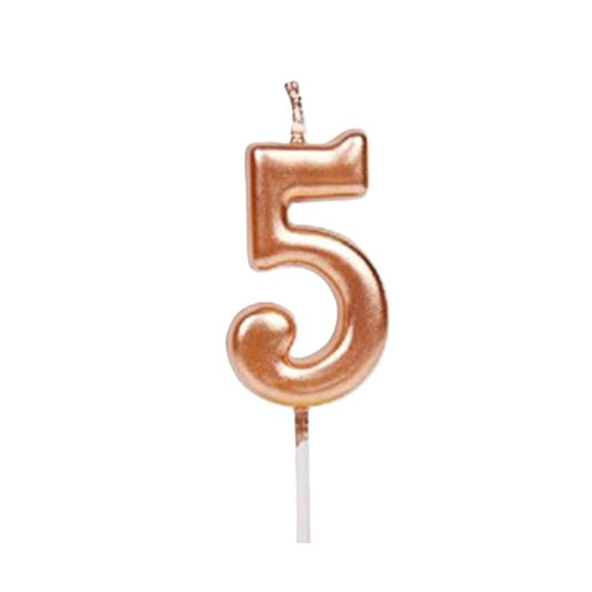 Lumânare de Tort, Model Cifră 5, Decor Petrecere cu Finisaj Lucios, Parafină, 4.5 x 2.5 cm, Rose Gold
