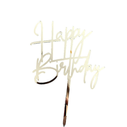 Topper Tort Happy Birthday, Decoratiune Aniversare Eleganta, Design Cursiv, Material Plastic Rezistent, Argintiu, 10 cm