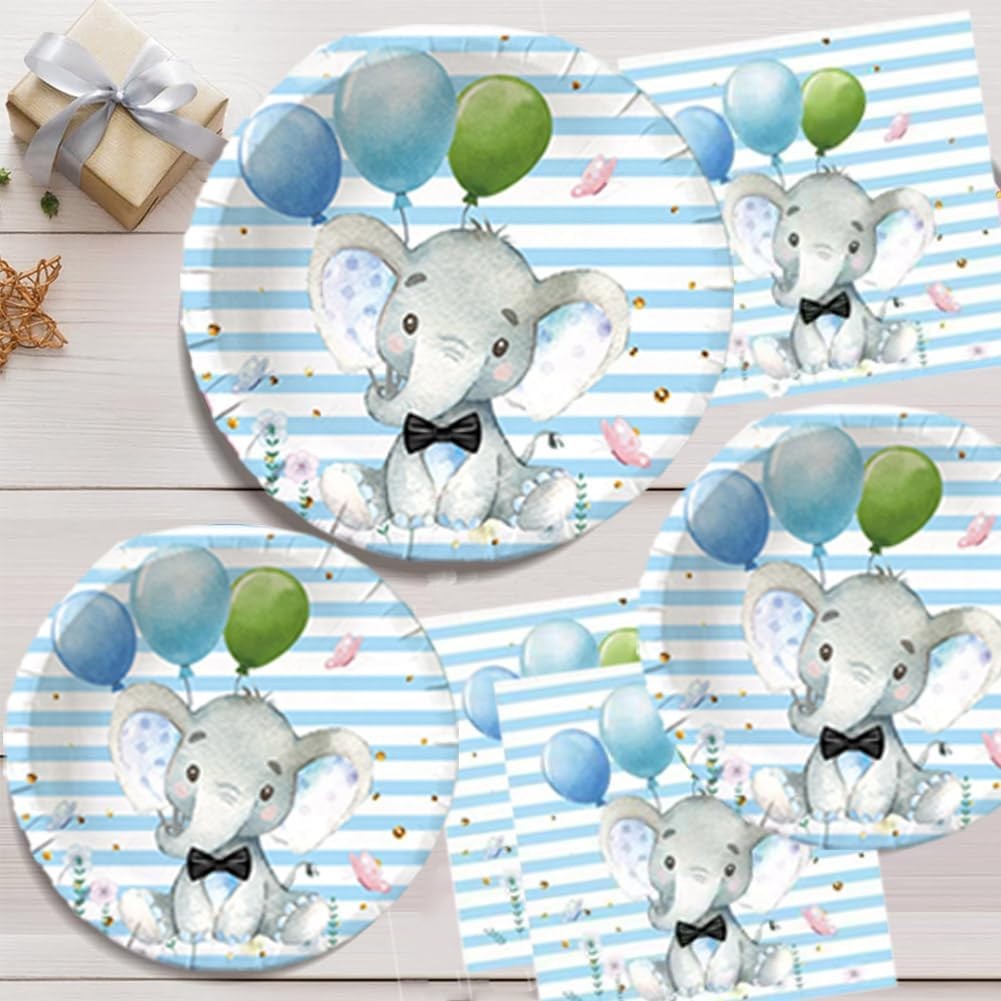 Set 10 Farfurii de Unica Folosinta pentru Petreceri Copii, Imprimeu Elefant, Carton cu Strat Protector, 17 cm, Albastru/Multicolor