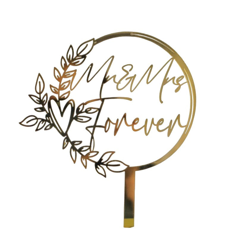 Topper Tort Nunta Mr & Mrs Forever, Decoratiune Tort cu Inele Interconectate, Material Rezistent, 10 cm, Auriu