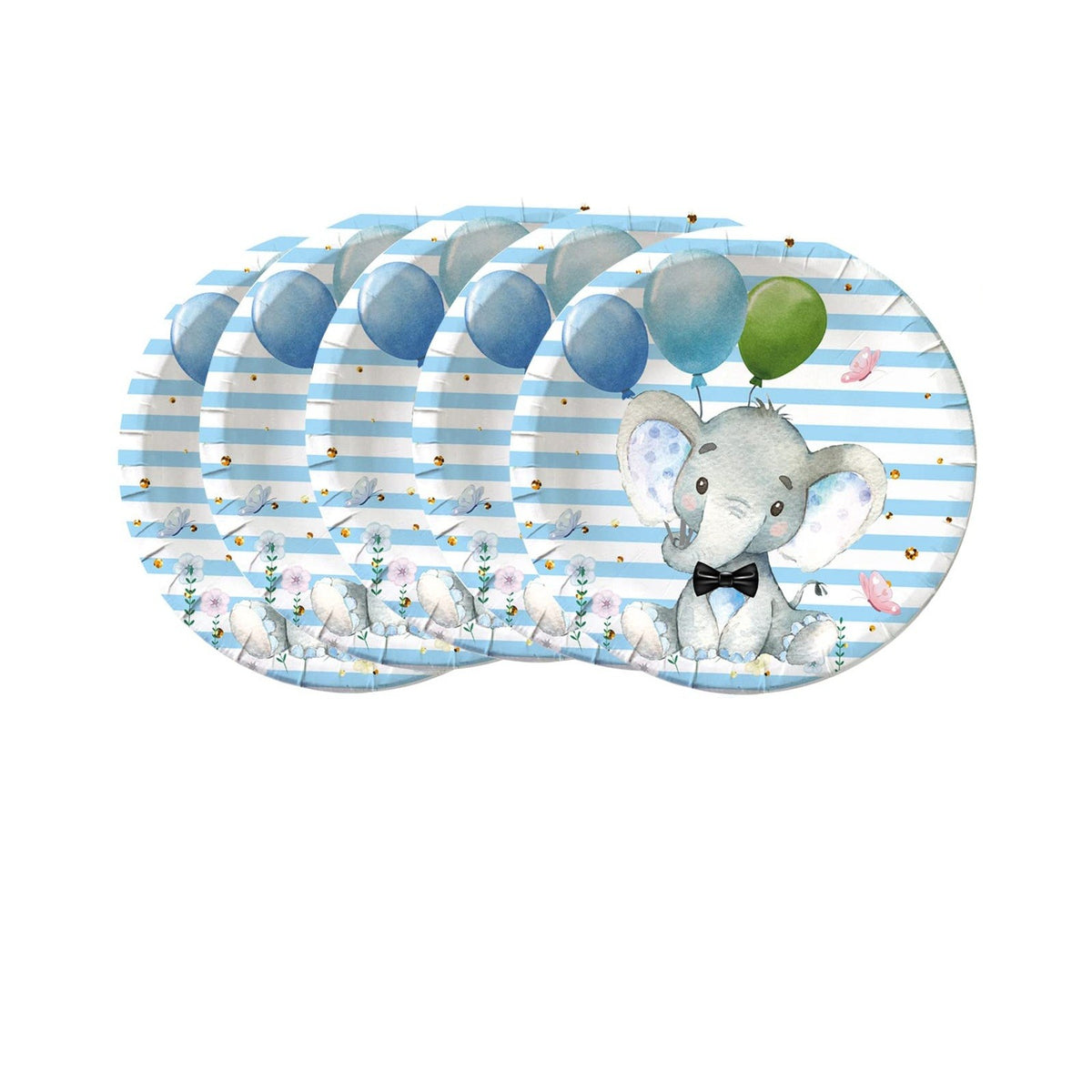Set 10 Farfurii Unica Folosinta pentru Petreceri Copii, Imprimeu Elefant, Carton cu Strat Protector, Diametru 22 cm, Albastru/Alb
