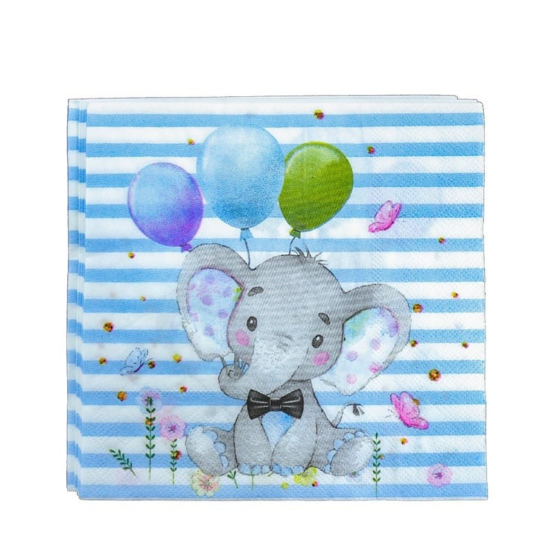 Servetele de Masa pentru Copii, Imprimeu Elefant, Hartie Absorbanta, 33 x 33 cm, Set 20 Bucati, Albastru