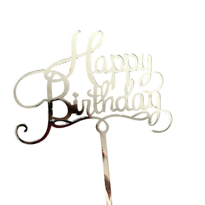 Topper Tort Happy Birthday, Decoratiune Aniversare Eleganta, Material Plastic Rezistent, Reutilizabil, 10 cm, Argintiu