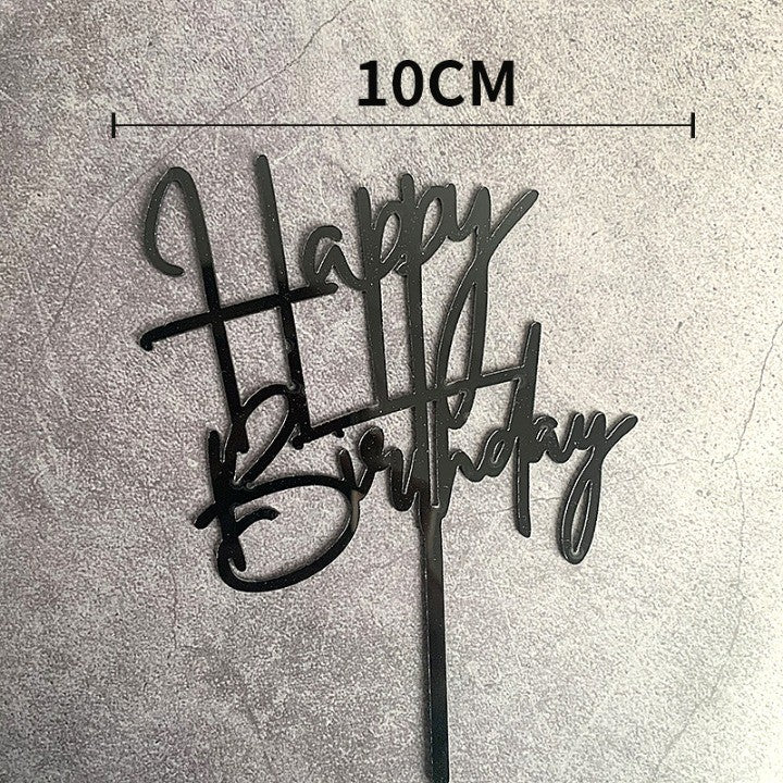 Topper Tort Happy Birthday, Decoratiune Aniversare, Design Elegant Cursiv, Material Durabil Reutilizabil, 10 cm, Negru