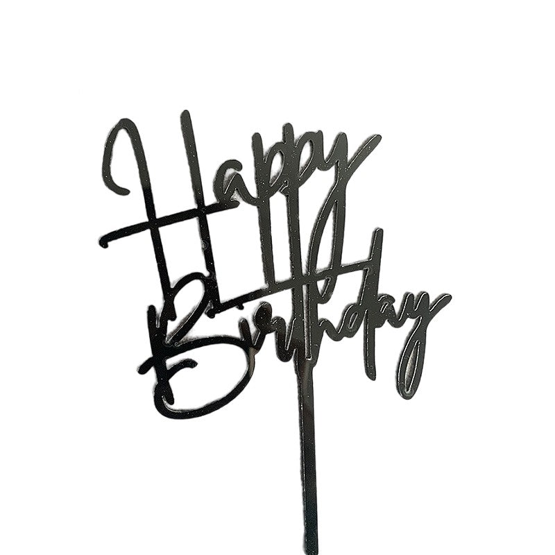 Topper Tort Happy Birthday, Decoratiune Aniversare, Design Elegant Cursiv, Material Durabil Reutilizabil, 10 cm, Negru