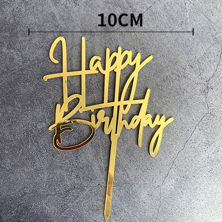 Topper Tort Happy Birthday, Decoratiune Aniversare, Design Elegant Cursiv, Material Durabil Reutilizabil, Auriu, 10 cm