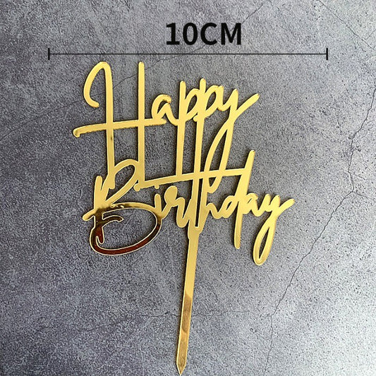 Topper Tort Happy Birthday, Decoratiune Aniversare, Design Elegant Cursiv, Material Durabil Reutilizabil, Auriu, 10 cm