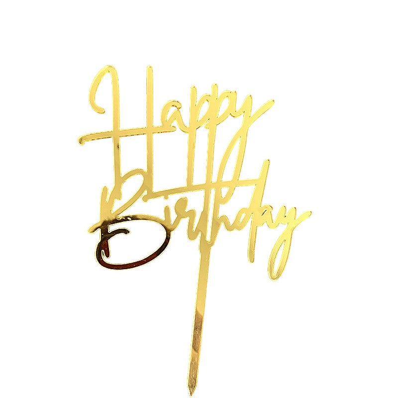 Topper Tort Happy Birthday, Decoratiune Aniversare, Design Elegant Cursiv, Material Durabil Reutilizabil, Auriu, 10 cm