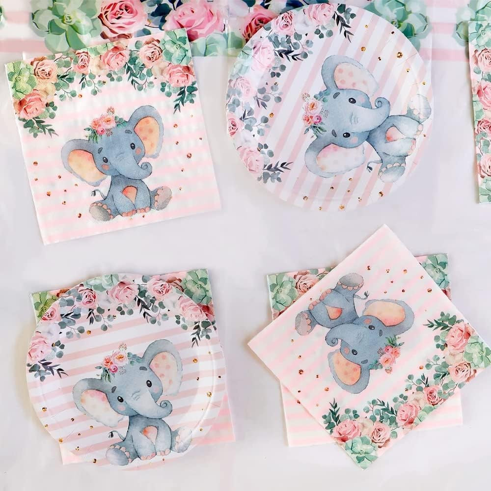 Servetele De Masa Pentru Petreceri Copii, Imprimeu Elefant, Hartie Absorbanta, Ideale Baby Shower Si Aniversari, Set 20 Bucati, 16.5 x 16.5 cm, Roz