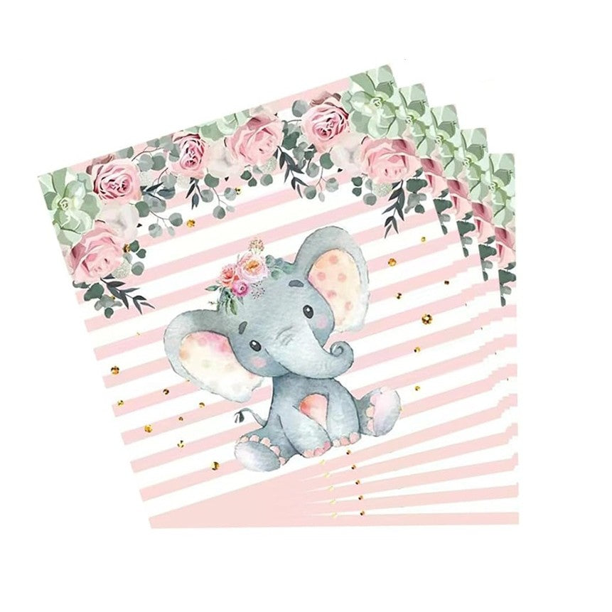 Servetele De Masa Pentru Petreceri Copii, Imprimeu Elefant, Hartie Absorbanta, Ideale Baby Shower Si Aniversari, Set 20 Bucati, 16.5 x 16.5 cm, Roz