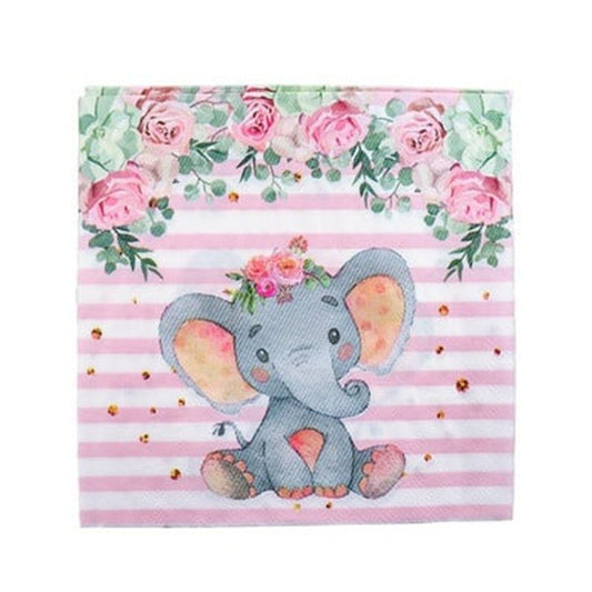 Servetele De Masa Pentru Petreceri Copii, Imprimeu Elefant, Hartie Absorbanta, Ideale Baby Shower Si Aniversari, Set 20 Bucati, 16.5 x 16.5 cm, Roz