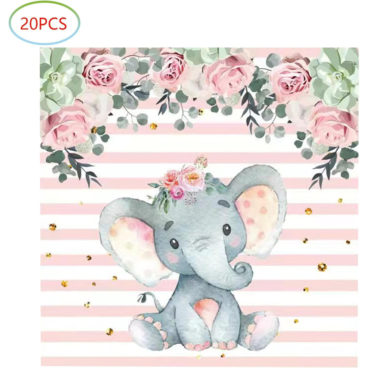 Servetele De Masa Pentru Petreceri Copii, Imprimeu Elefant, Hartie Absorbanta, Ideale Baby Shower Si Aniversari, Set 20 Bucati, 16.5 x 16.5 cm, Roz