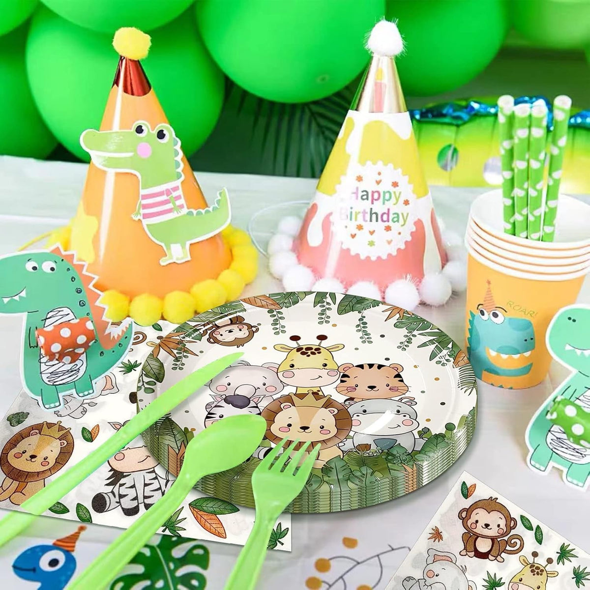 Set 10 Farfurii de Unica Folosinta, Imprimeu Jungle cu Animalute, Carton Rezistent, 17 cm, Verde/Alb