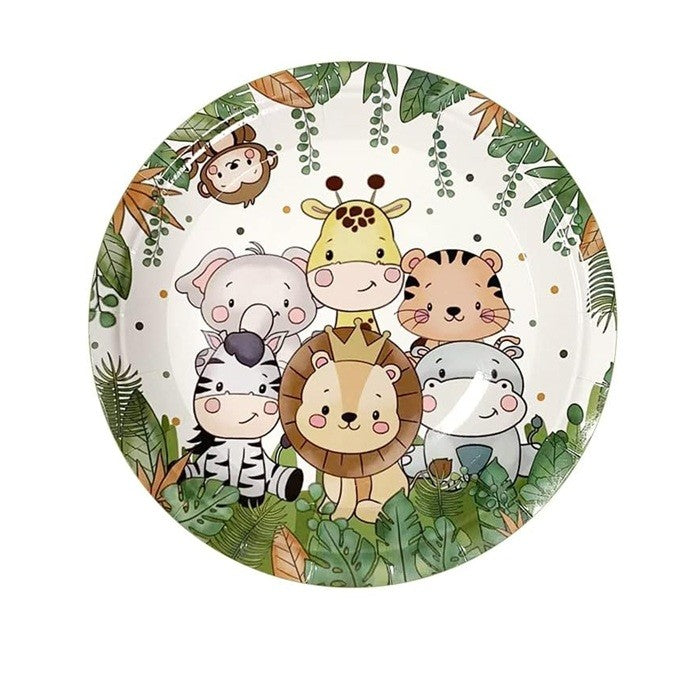 Set 10 Farfurii de Unica Folosinta, Imprimeu Jungle cu Animalute, Carton Rezistent, 17 cm, Verde/Alb