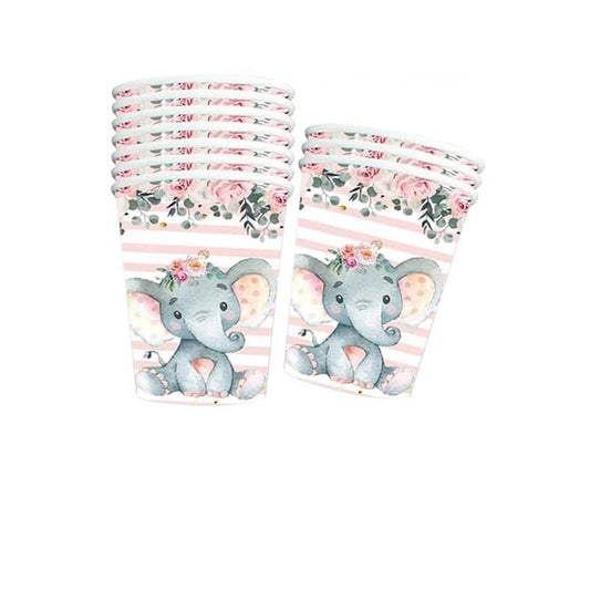 Set 10 Pahare Petrecere, Imprimeu Elefant pentru Baby Shower si Aniversari, Carton Eco-Friendly, 7.5 x 8.5 cm, Roz/Alb