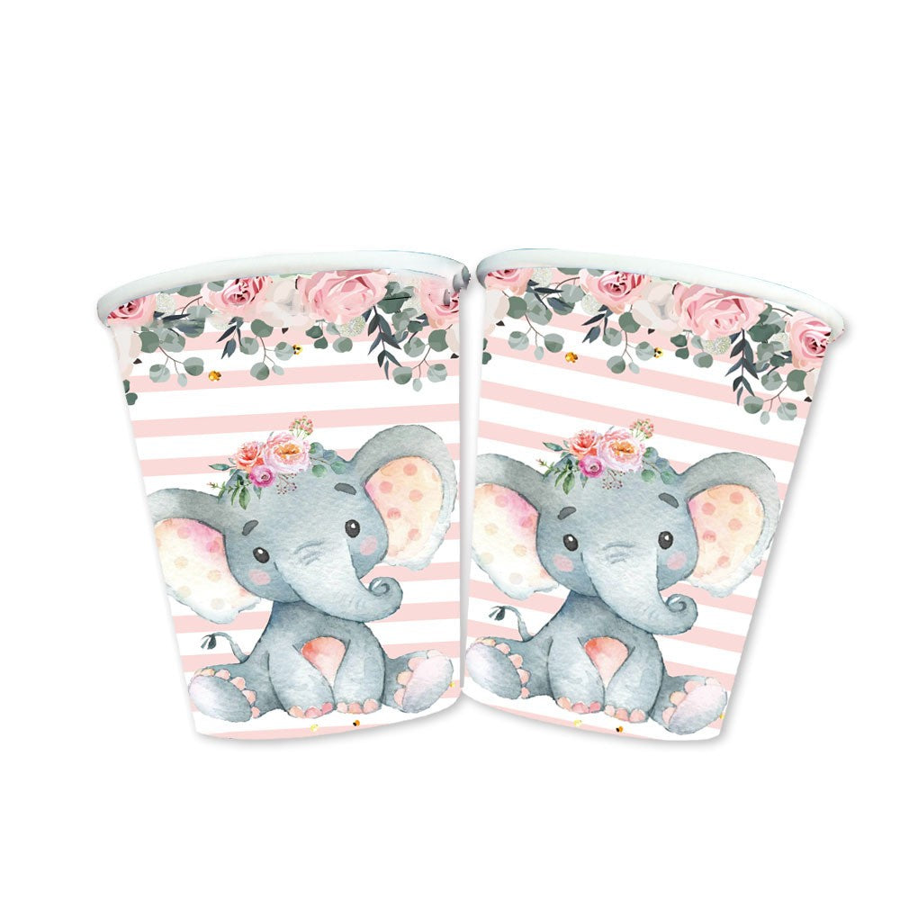 Set 10 Pahare Petrecere, Imprimeu Elefant pentru Baby Shower si Aniversari, Carton Eco-Friendly, 7.5 x 8.5 cm, Roz/Alb