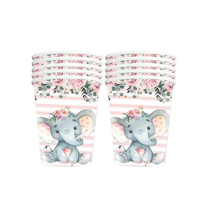Set 10 Pahare Petrecere, Imprimeu Elefant pentru Baby Shower si Aniversari, Carton Eco-Friendly, 7.5 x 8.5 cm, Roz/Alb