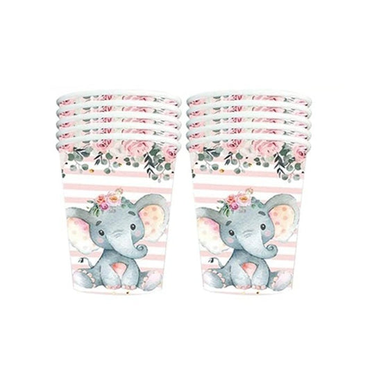 Set 10 Pahare Petrecere, Imprimeu Elefant pentru Baby Shower si Aniversari, Carton Eco-Friendly, 7.5 x 8.5 cm, Roz/Alb