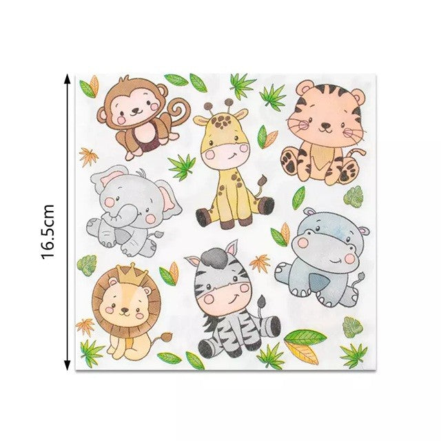 Set de 20 Șervețele de Masă pentru Copii, Imprimeu Jungle cu Animale, Hârtie Absorbantă, 16.5 x 16.5 cm, Multicolor