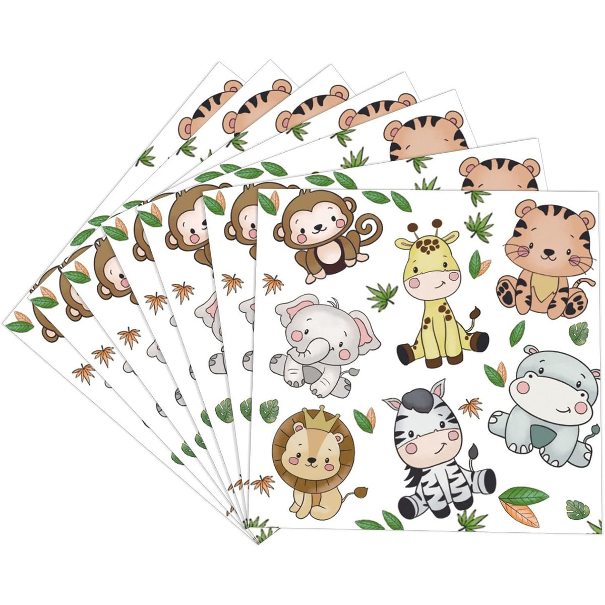 Set de 20 Șervețele de Masă pentru Copii, Imprimeu Jungle cu Animale, Hârtie Absorbantă, 16.5 x 16.5 cm, Multicolor