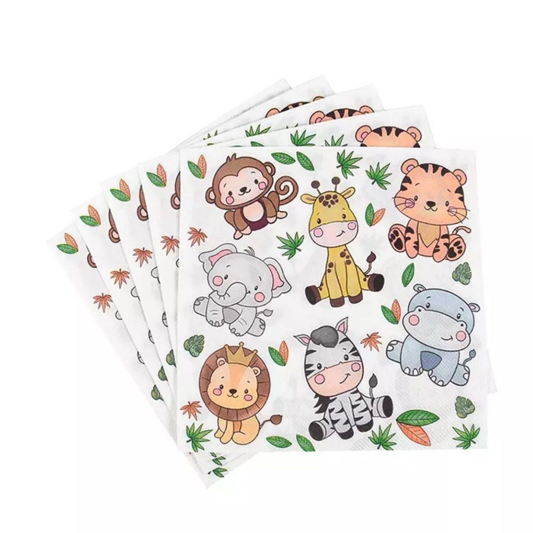 Set de 20 Șervețele de Masă pentru Copii, Imprimeu Jungle cu Animale, Hârtie Absorbantă, 16.5 x 16.5 cm, Multicolor