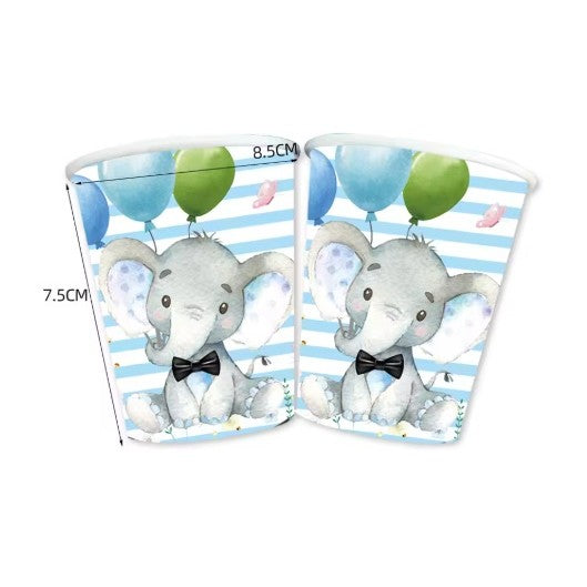Set 10 Pahare de Unică Folosință pentru Petrecere, Design Elefant Baby Shower, Carton Rezistent, 7.5 x 8.5 cm, Albastru/Alb