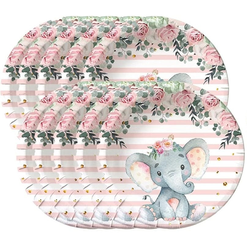 Set 10 Farfurii de Unică Folosință pentru Copii, Model Elefant, Carton cu Strat Protector, Diametru 22 cm, Roz/Alb
