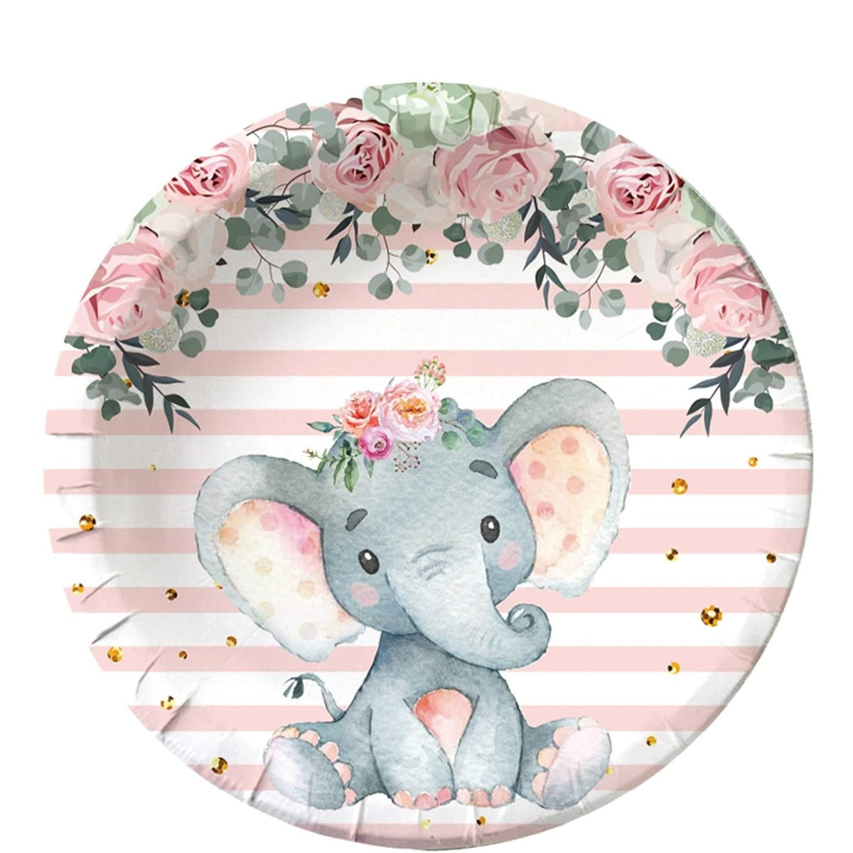 Set 10 Farfurii de Unică Folosință pentru Copii, Model Elefant, Carton cu Strat Protector, Diametru 22 cm, Roz/Alb