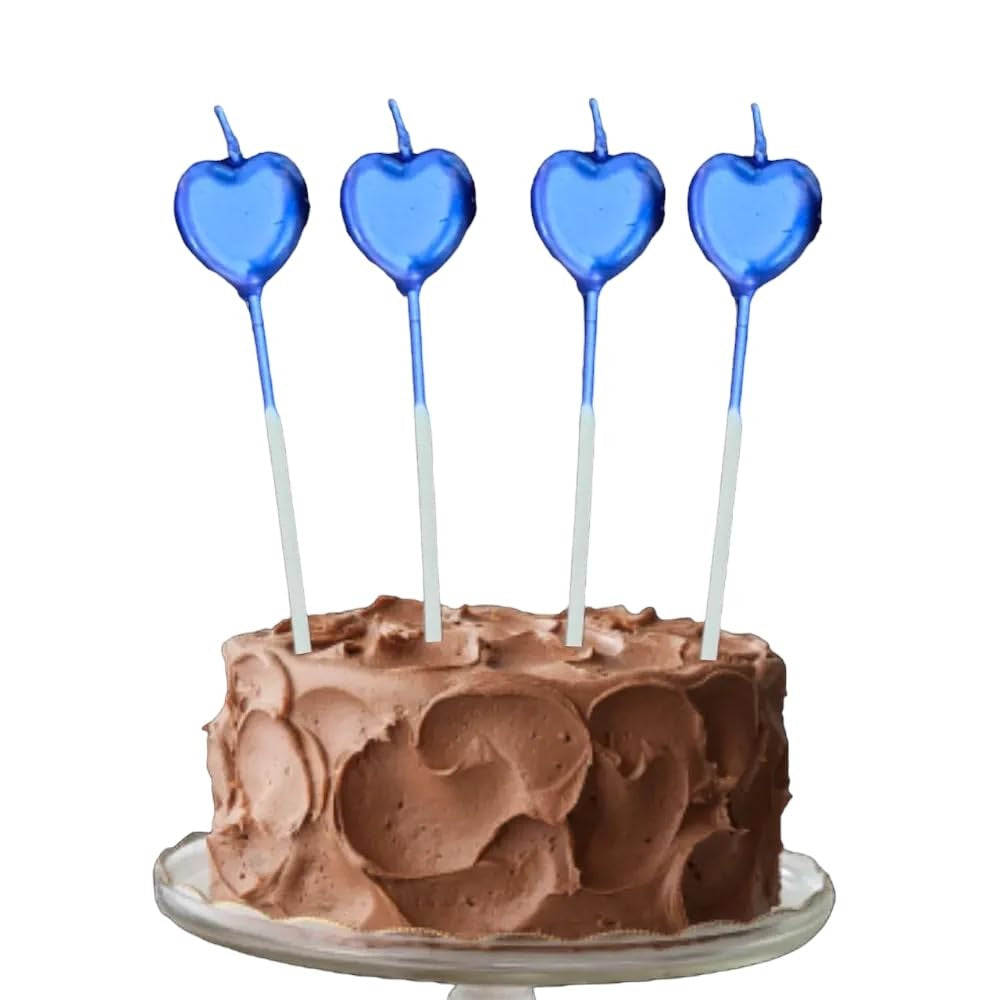 Lumânare De Tort În Formă De Inimă, Finisaj Lucios Cu Suport Pentru Fixare, Parafină, 8.5 x 3 cm, Albastru
