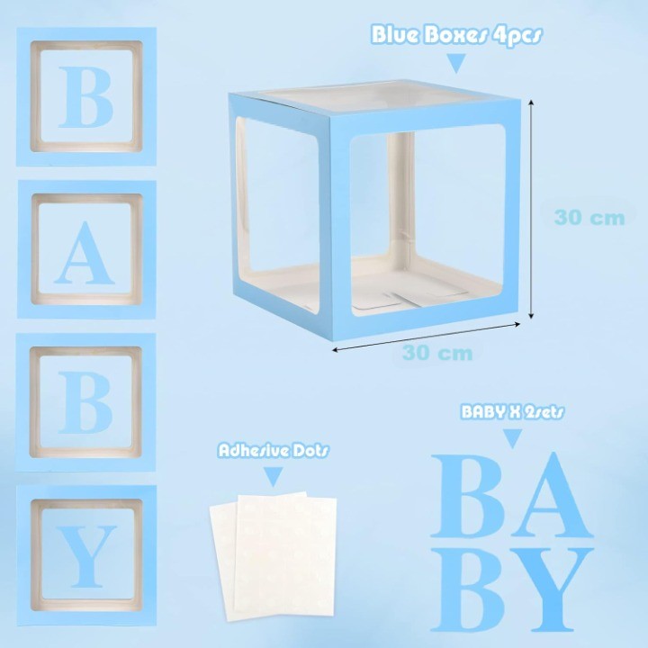 Set 4 Cutii pentru Baloane Baby, Cuburi Decorative pentru Baby Shower și Petreceri, Plastic Transparent cu Contur Albastru, 30 x 30 cm