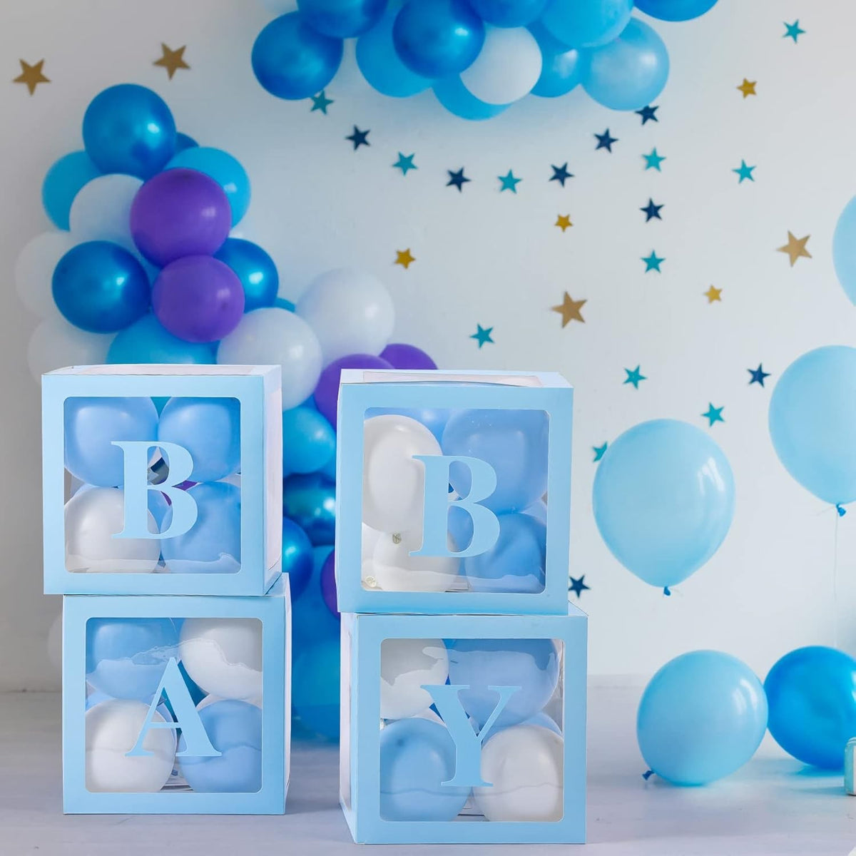 Set 4 Cutii pentru Baloane Baby, Cuburi Decorative pentru Baby Shower și Petreceri, Plastic Transparent cu Contur Albastru, 30 x 30 cm
