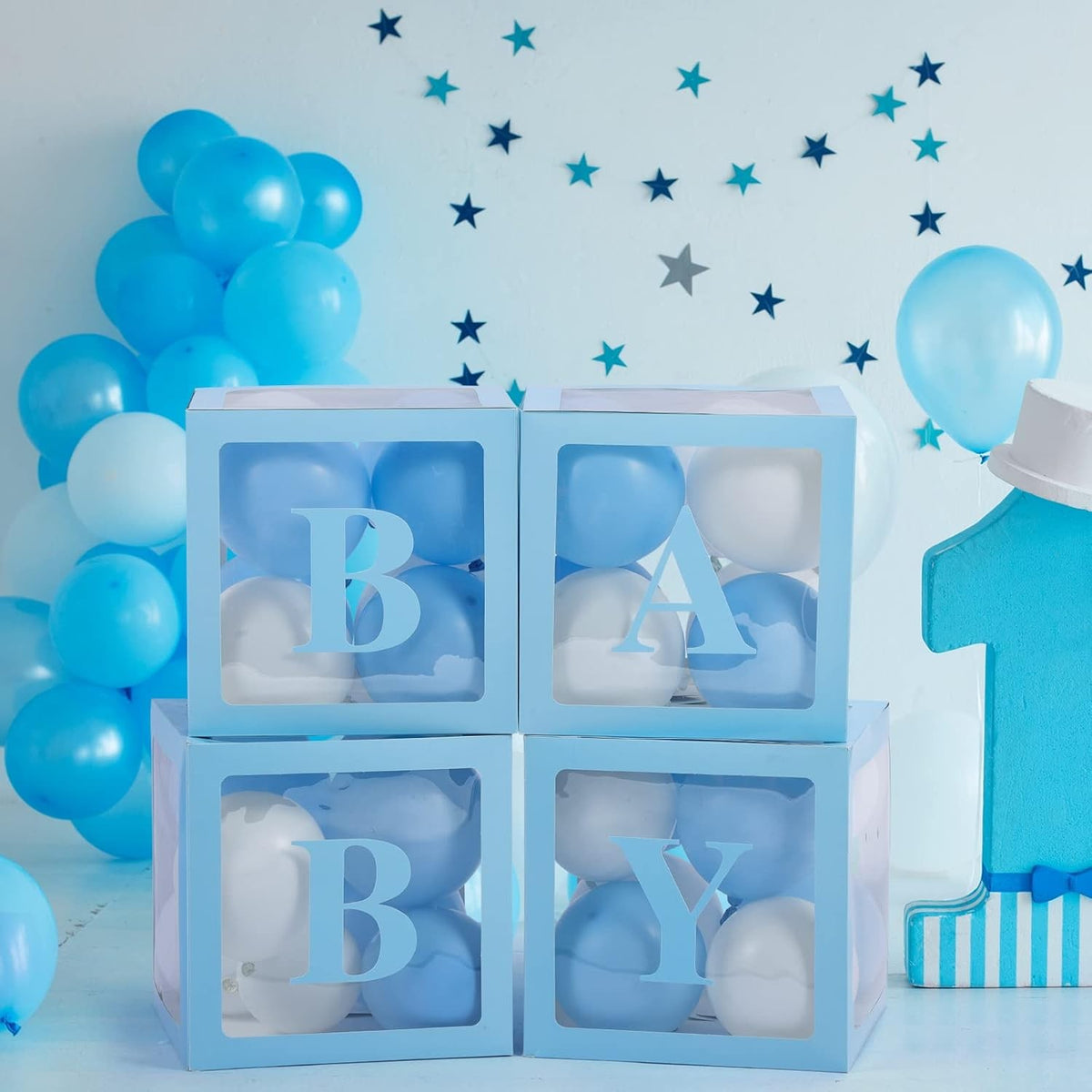 Set 4 Cutii pentru Baloane Baby, Cuburi Decorative pentru Baby Shower și Petreceri, Plastic Transparent cu Contur Albastru, 30 x 30 cm