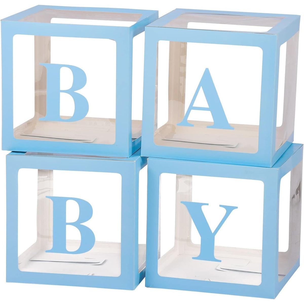 Set 4 Cutii pentru Baloane Baby, Cuburi Decorative pentru Baby Shower și Petreceri, Plastic Transparent cu Contur Albastru, 30 x 30 cm