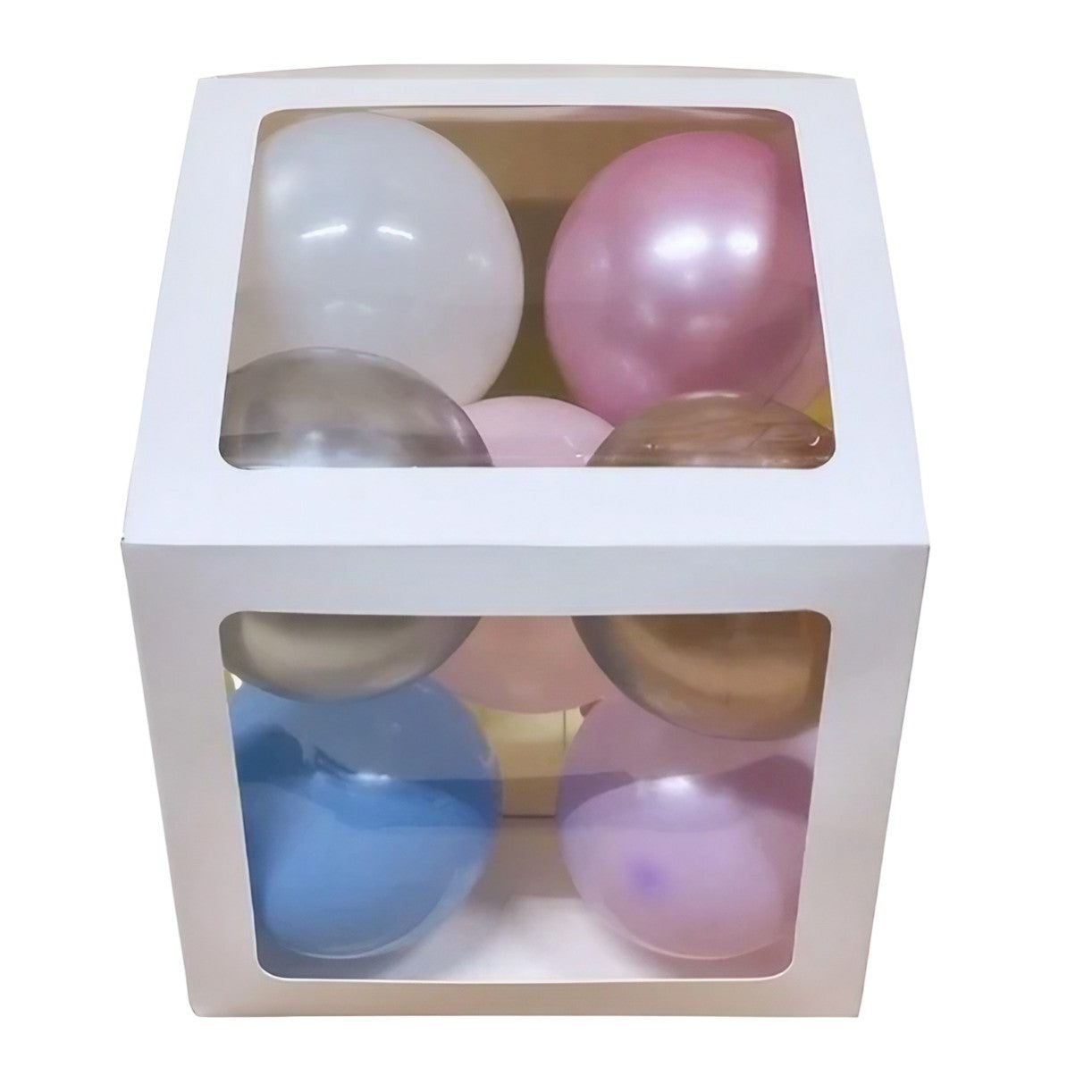 Set 4 Cutii pentru Baloane, Cuburi Decorative pentru Petrecere și Aniversare, Carton și Plastic, 30 x 30 cm, Transparente cu Contur Alb