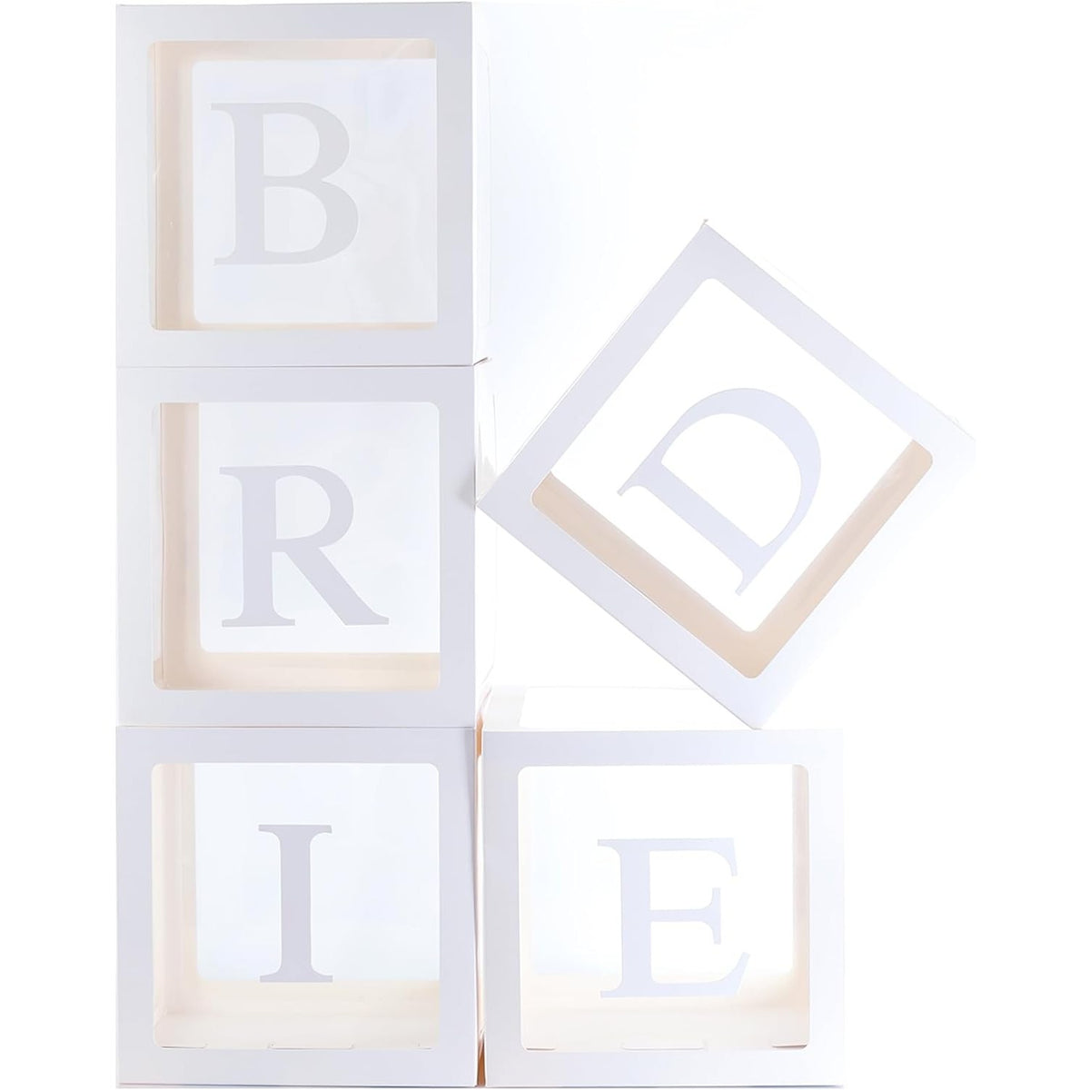 Set 5 Cutii pentru Baloane, Cuburi Decorative pentru Nunta, Model Scris Bride, Carton si Plastic, 30 x 30 cm, Transparente cu Contur Alb