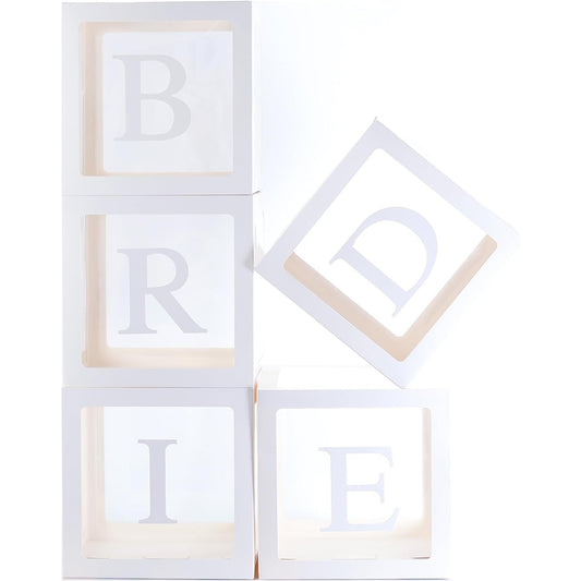 Set 5 Cutii pentru Baloane, Cuburi Decorative pentru Nunta, Model Scris Bride, Carton si Plastic, 30 x 30 cm, Transparente cu Contur Alb