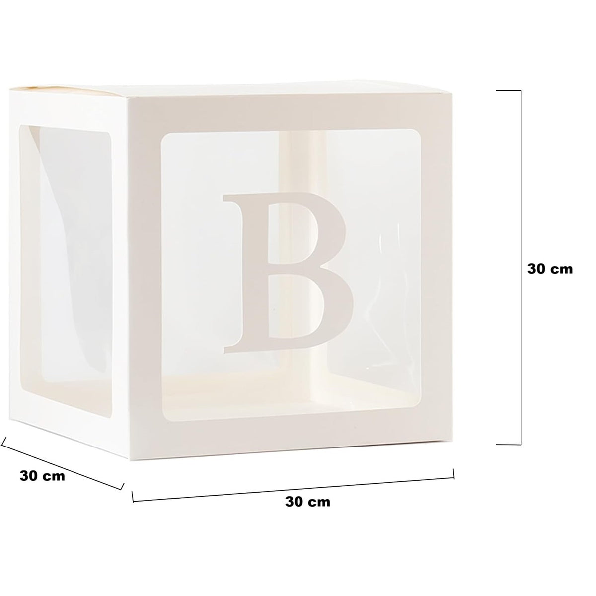 Set 5 Cutii pentru Baloane, Cuburi Decorative pentru Nunta, Model Scris Bride, Carton si Plastic, 30 x 30 cm, Transparente cu Contur Alb