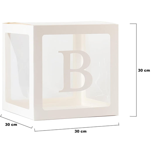 Set 5 Cutii pentru Baloane, Cuburi Decorative pentru Nunta, Model Scris Bride, Carton si Plastic, 30 x 30 cm, Transparente cu Contur Alb
