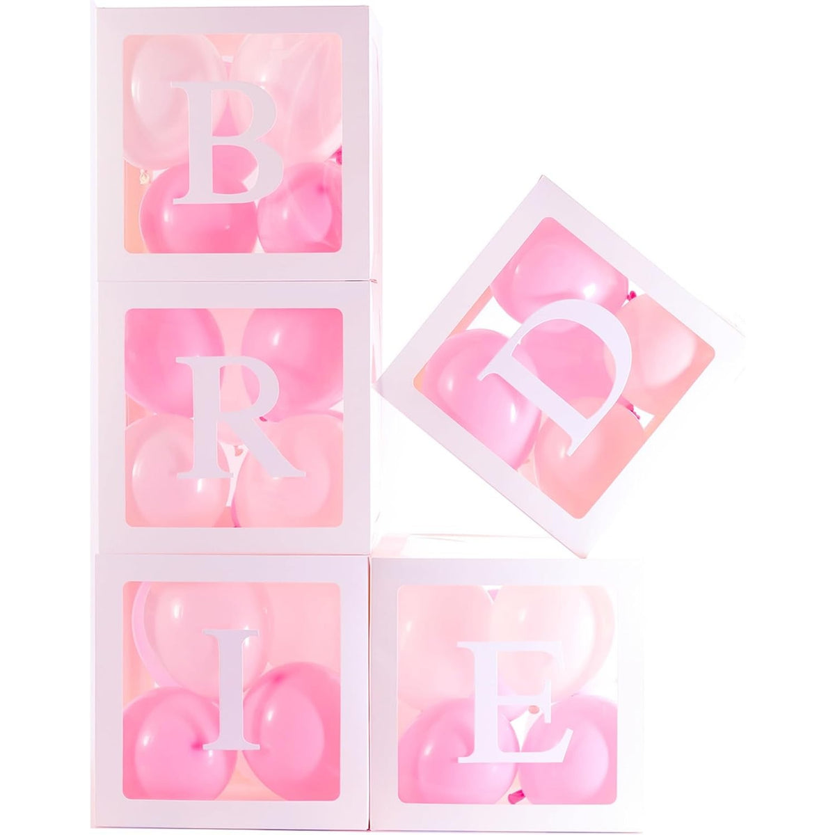Set 5 Cutii pentru Baloane, Cuburi Decorative pentru Nunta, Model Scris Bride, Carton si Plastic, 30 x 30 cm, Transparente cu Contur Alb