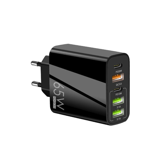 Încărcător Rețea Fast Charge 65W, Multiport QC 4.0 cu 3 x USB și 2 x USB Type-C, Universal pentru iPhone, Samsung, Huawei, Xiaomi, Negru