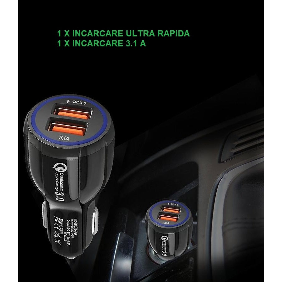 Încărcător Auto Universal, Încărcare Rapidă QC3.0, Interfață USB, 3100 mAh, Compatibil 12V-24V, ABS și PVC, Negru