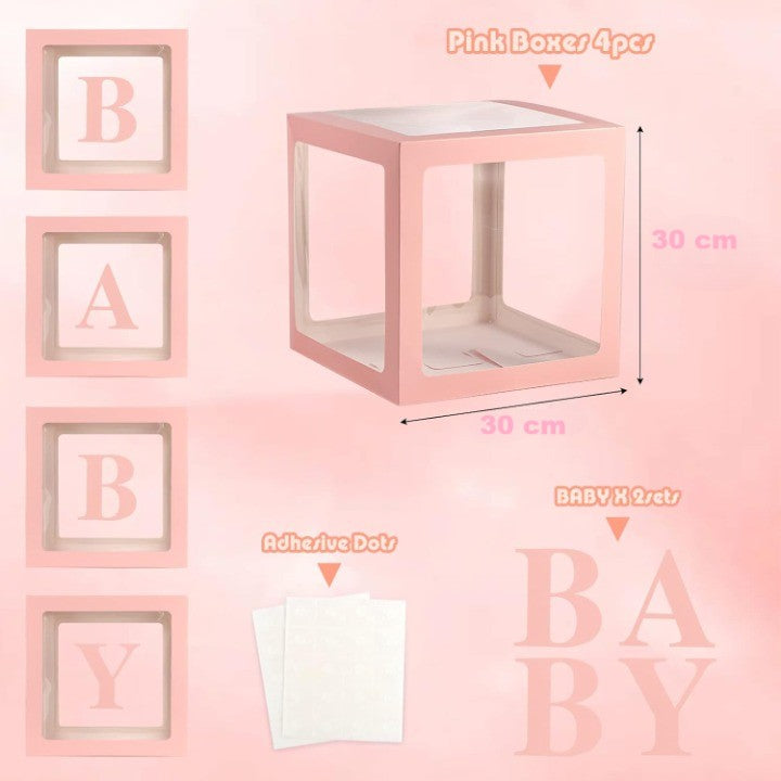 Set 4 Cutii pentru Baloane Baby, Cuburi Decorative pentru Baby Shower și Petreceri, Plastic Transparent cu Contur Roz, 30 x 30 cm