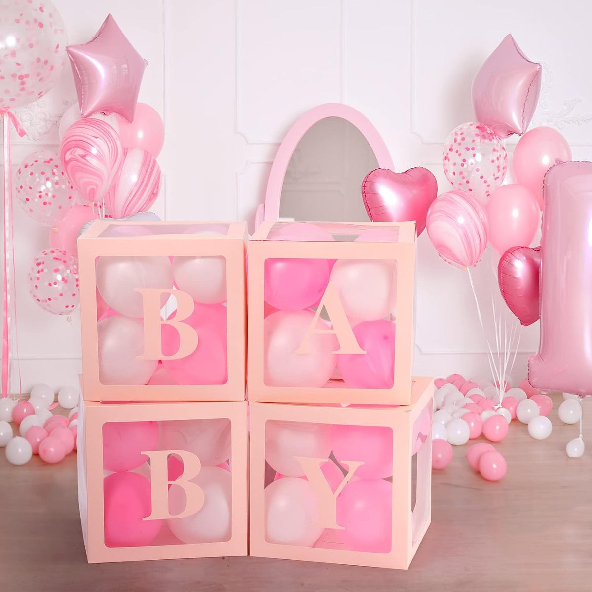 Set 4 Cutii pentru Baloane Baby, Cuburi Decorative pentru Baby Shower și Petreceri, Plastic Transparent cu Contur Roz, 30 x 30 cm