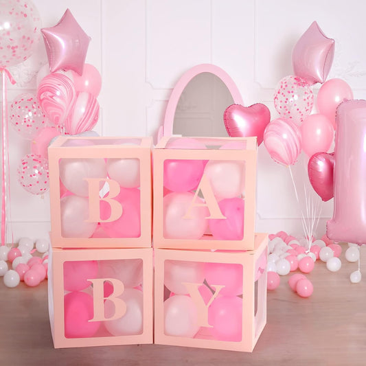 Set 4 Cutii pentru Baloane Baby, Cuburi Decorative pentru Baby Shower și Petreceri, Plastic Transparent cu Contur Roz, 30 x 30 cm