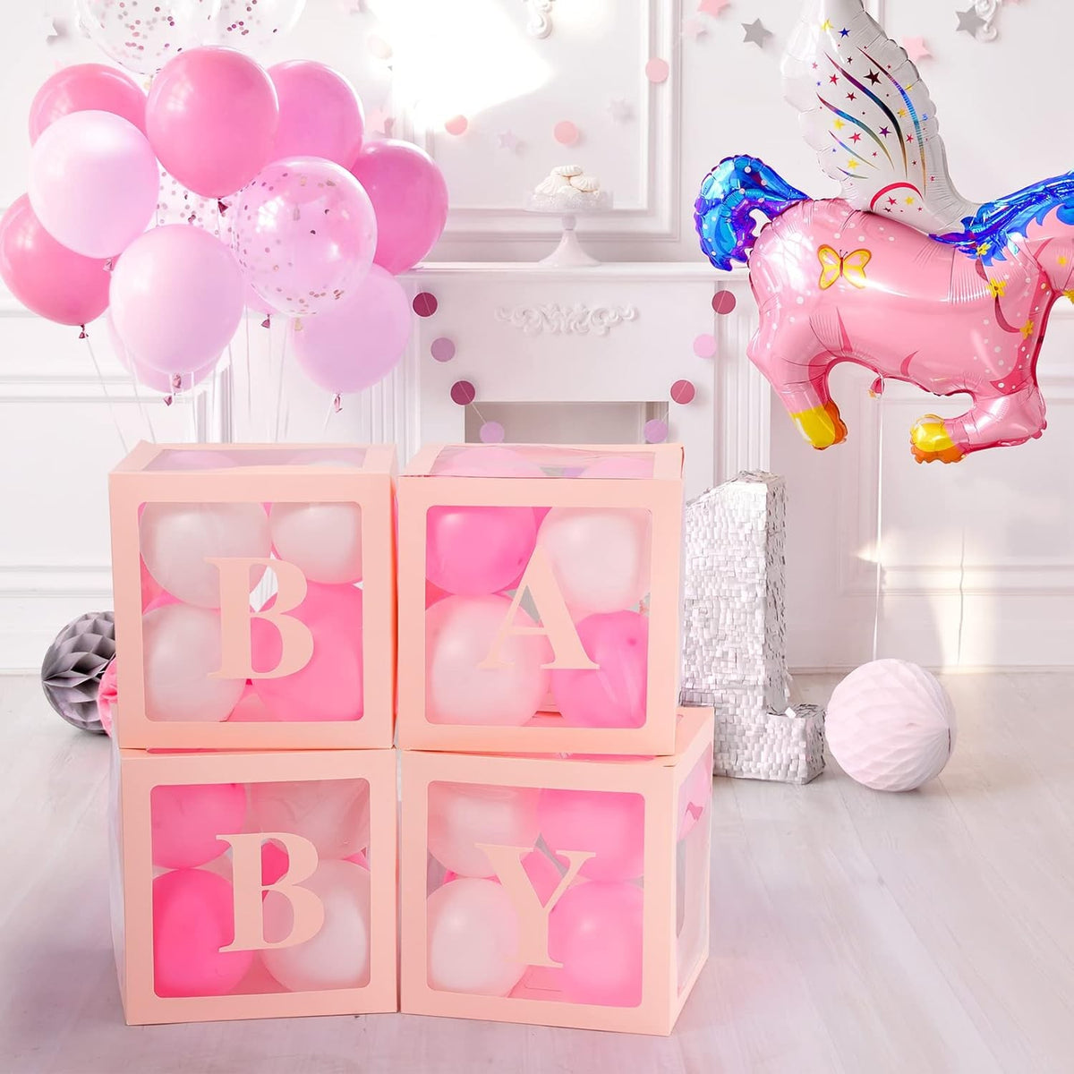 Set 4 Cutii pentru Baloane Baby, Cuburi Decorative pentru Baby Shower și Petreceri, Plastic Transparent cu Contur Roz, 30 x 30 cm
