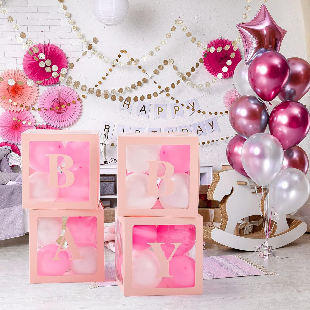 Set 4 Cutii pentru Baloane Baby, Cuburi Decorative pentru Baby Shower și Petreceri, Plastic Transparent cu Contur Roz, 30 x 30 cm