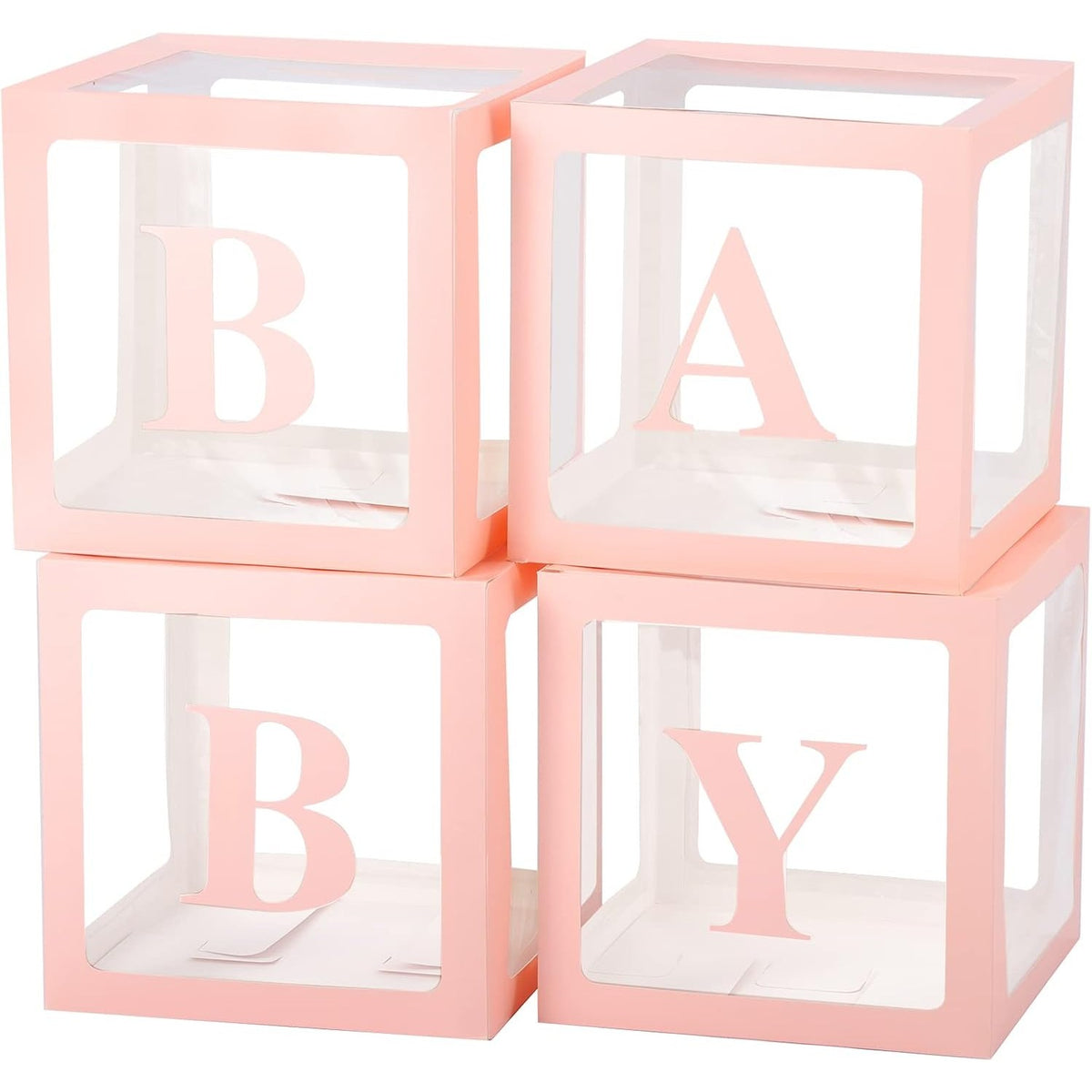 Set 4 Cutii pentru Baloane Baby, Cuburi Decorative pentru Baby Shower și Petreceri, Plastic Transparent cu Contur Roz, 30 x 30 cm