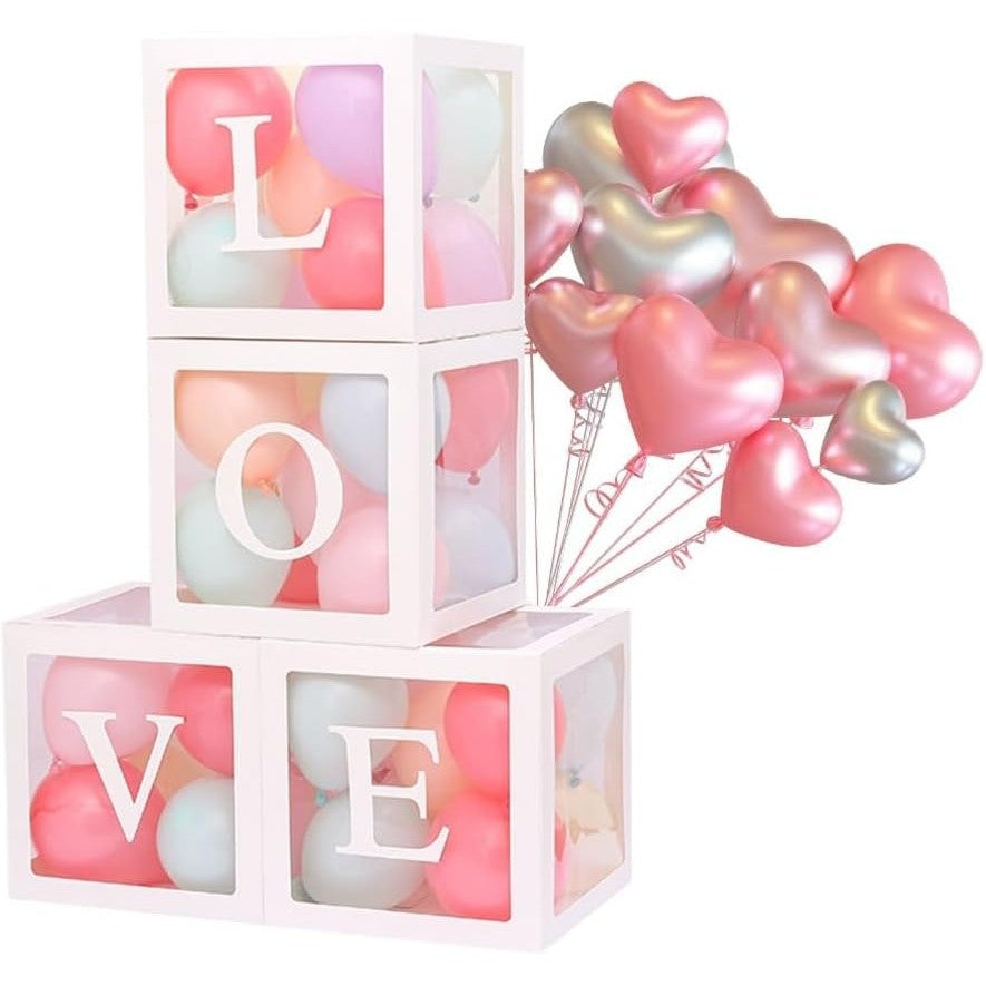 Set 4 Cutii pentru Baloane, Cuburi Decorative Love pentru Petrecere, Plastic și Carton, Transparente cu Contur Alb, 30 x 30 cm