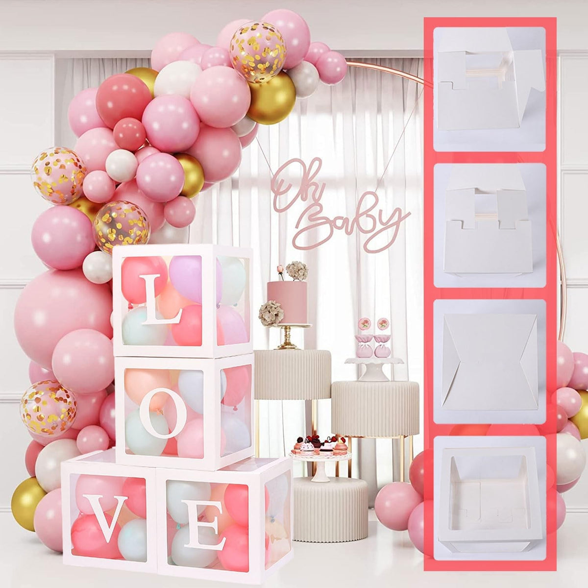 Set 4 Cutii pentru Baloane, Cuburi Decorative Love pentru Petrecere, Plastic și Carton, Transparente cu Contur Alb, 30 x 30 cm
